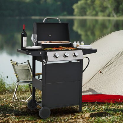 Propane Gas Grill 3 Burner Barbecue Grill, Stainless Steel 26,000 BTU Patio Garden Barbecue Grill with Two Shelves, Lid, Wheels and Bottle Opener - Discount Msrp 