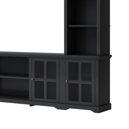 [VIDEO provided] ON-TREND Minimalism Entertainment Wall Unit with Bridge, Modern TV Console Table for TVs Up to 70", Multifunctional TV Stand with Tempered Glass Door, Black (Old SKU: SD000009AAB) - Discount Msrp 