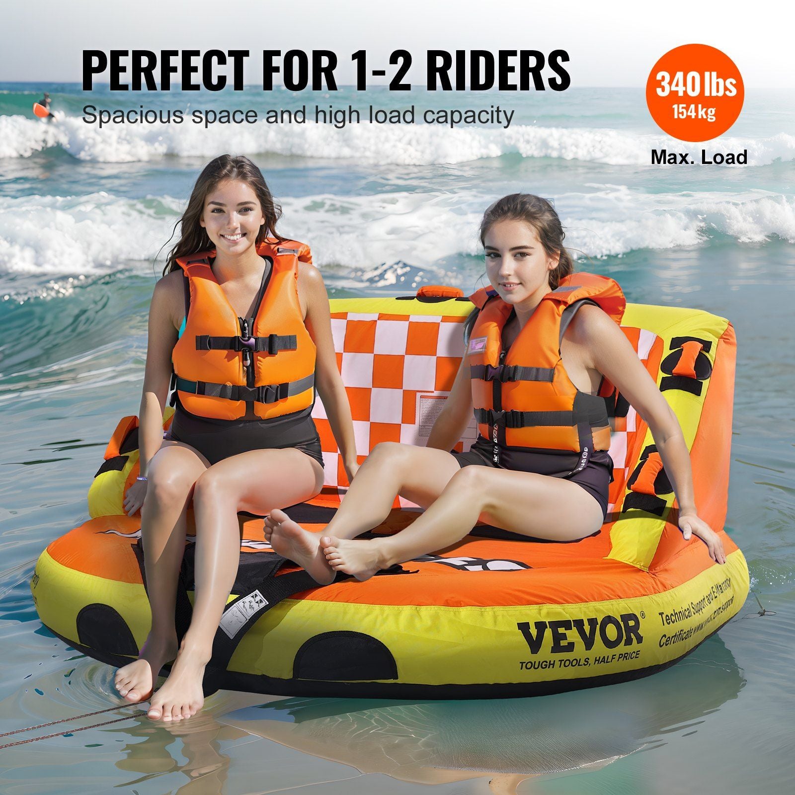 VEVOR Towable Tube for Boating, 1-2 Riders Inflatable Towable Tubes with Deck Seats and Backrest, 340 lbs Water Sport Tube for Boat to Pull, Full Nylon Cover, EVA Grab Handles and Speed Safety Valve - Discount Msrp 