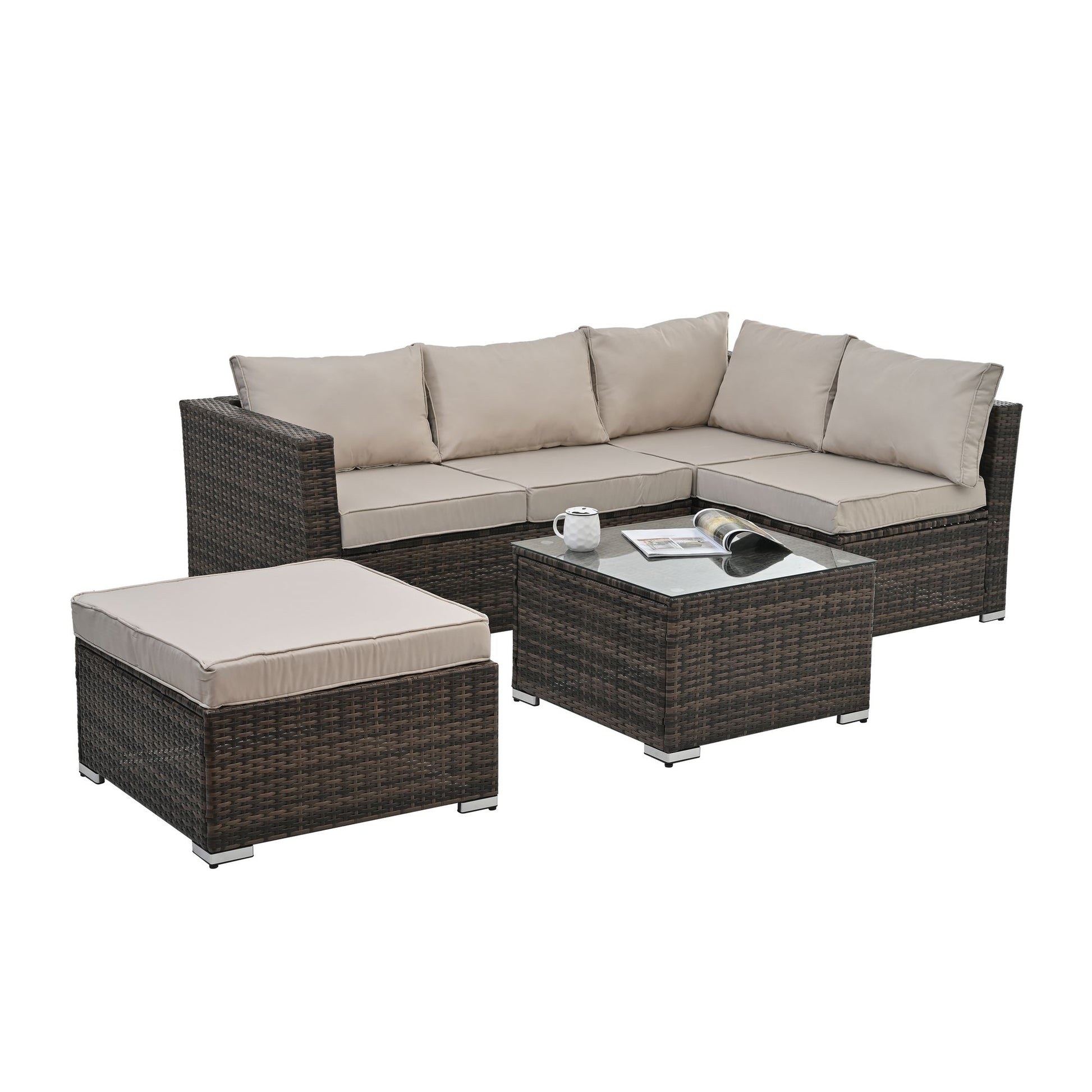 Patio Furniture, Outdoor Furniture, Seasonal PE Wicker Furniture, 4 Set Wicker Furniture With Tempered Glass Coffee Table - Discount Msrp 