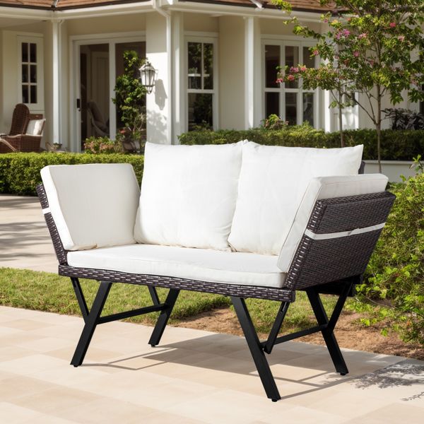 Outdoor Sofa, Woven Rattan Patio Furniture, Convertible Daybed or Double Chair with Adjustable Armrests, Cushions and Pillows for Yard Porch Pool, Gray Lounger & Beige Cushion - Discount Msrp 