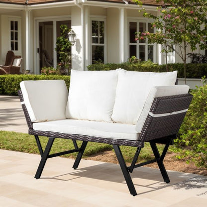 Outdoor Sofa, Woven Rattan Patio Furniture, Convertible Daybed or Double Chair with Adjustable Armrests, Cushions and Pillows for Yard Porch Pool, Gray Lounger & Beige Cushion - Discount Msrp 