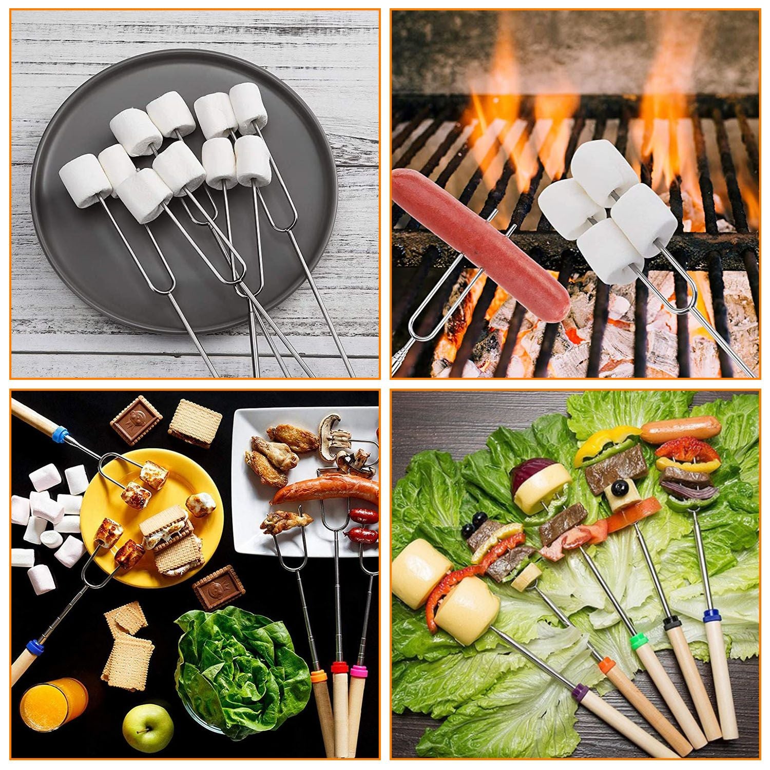 Stainless Steel Roasting Sticks Set 31.9in Extendable Telescoping Marshmallow Hot Dog Fork Skewers Set - Discount Msrp 