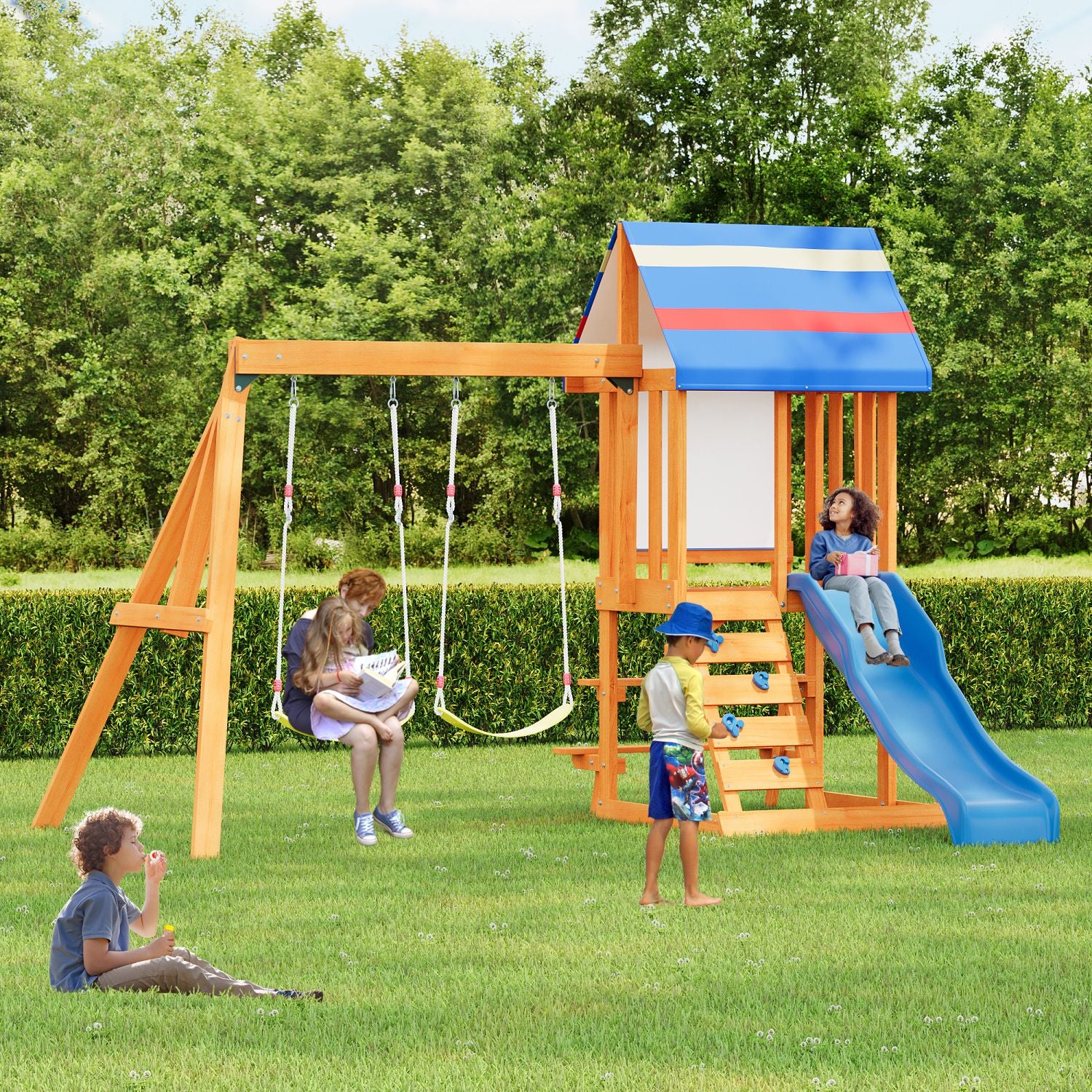 Wooden Outdoor Swing Set 3 in 1 Swing Set outdoor Children's Playset with Slide , 2 Swings and Climber for Garden, Backyard and Playground, Blue - Discount Msrp 