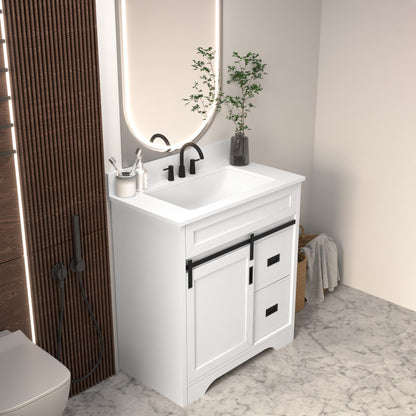 [VIDEO provided]30" Bathroom Vanity with Single Sink Combo, Farmhouse Undermount Bathroom Sink Cabinet with Sliding Barn Doors and 2 Drawers, Freestanding Bathroom Vanities,White - Discount Msrp 