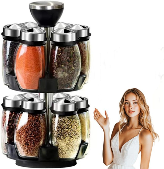 12 Glass Jar Bottles Set Revolving Spice Rack Organizer Storage for kitchen, Spice Stand Holder, Spinning Countertop Herb and Spice Rack Organizer with - Discount Msrp 