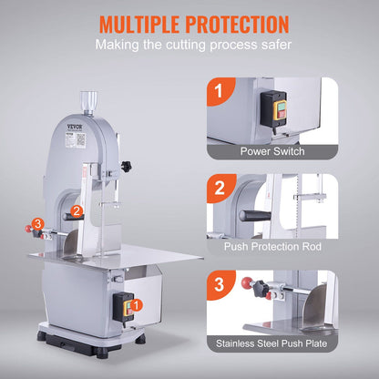 VEVOR Commercial Electric Meat Bandsaw, 1500W Stainless Steel Countertop Bone Sawing Machine, Workbeach 19.3" x 15", 0.16-7.9 Inch Cutting Thickness, Frozen Meat Cutter with 6 Blades for Rib Pork Beef - Discount Msrp 