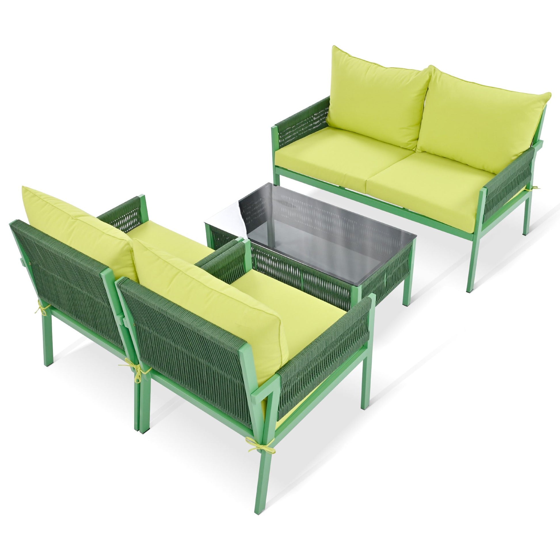 4-Piece Rope Patio Furniture Set, Outdoor Furniture with Tempered Glass Table, Patio Conversation Set Deep Seating with Thick Cushion for Backyard Porch Balcony - Discount Msrp 