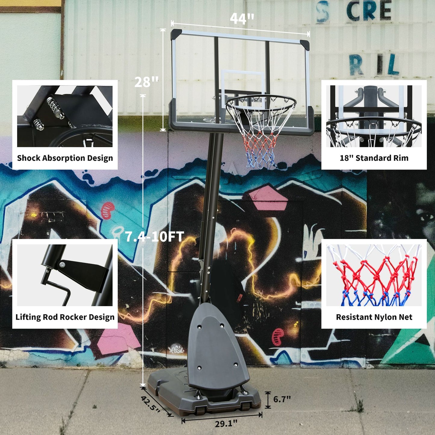 Use for Outdoor Height Adjustable 7.5 to 10ft Basketball Hoop 44 Inch Backboard Portable Basketball Goal System with Stable Base and Wheels - Discount Msrp 