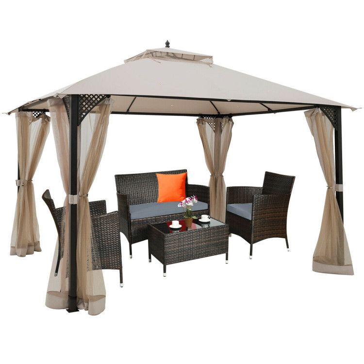 12 x 10 Feet Outdoor Double Top Patio Gazebo with Netting - Discount Msrp 