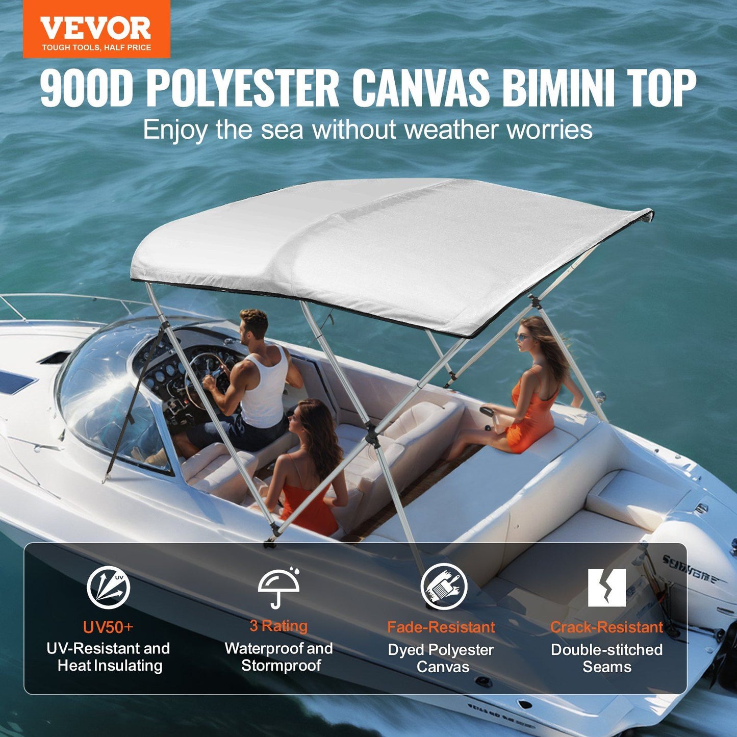 VEVOR 3 Bow Bimini Top Boat Cover, 900D Polyester Canopy with 1" Aluminum Alloy Frame, Waterproof and Sun Shade, Includes Storage Boot, 4 Straps, 2 Support Poles, 6'L x 46"H x 61"-66"W, Light Grey - Discount Msrp 