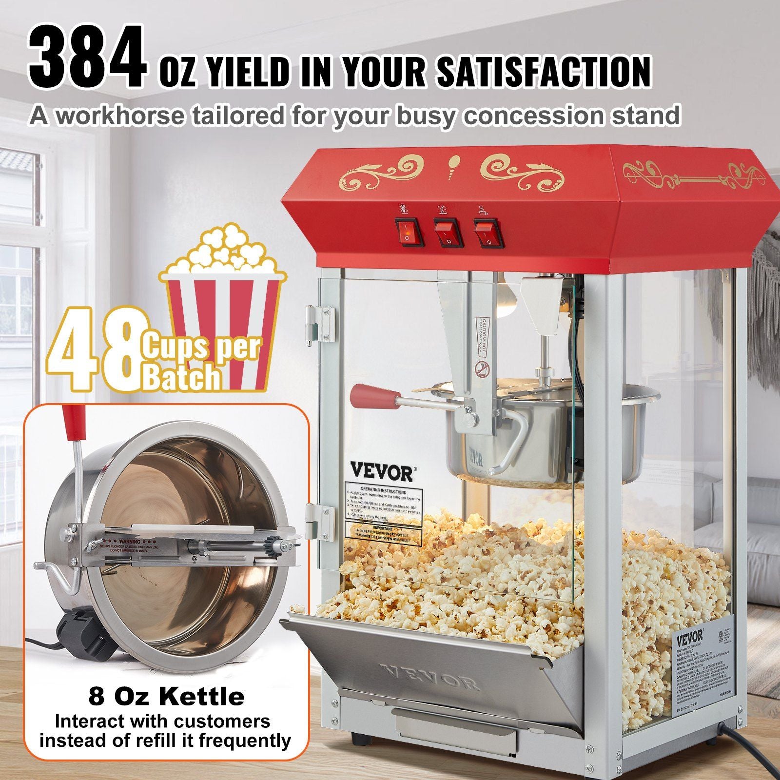 VEVOR Popcorn Popper Machine 8 Oz Countertop Popcorn Maker 850W 48 Cups Red - Discount Msrp 