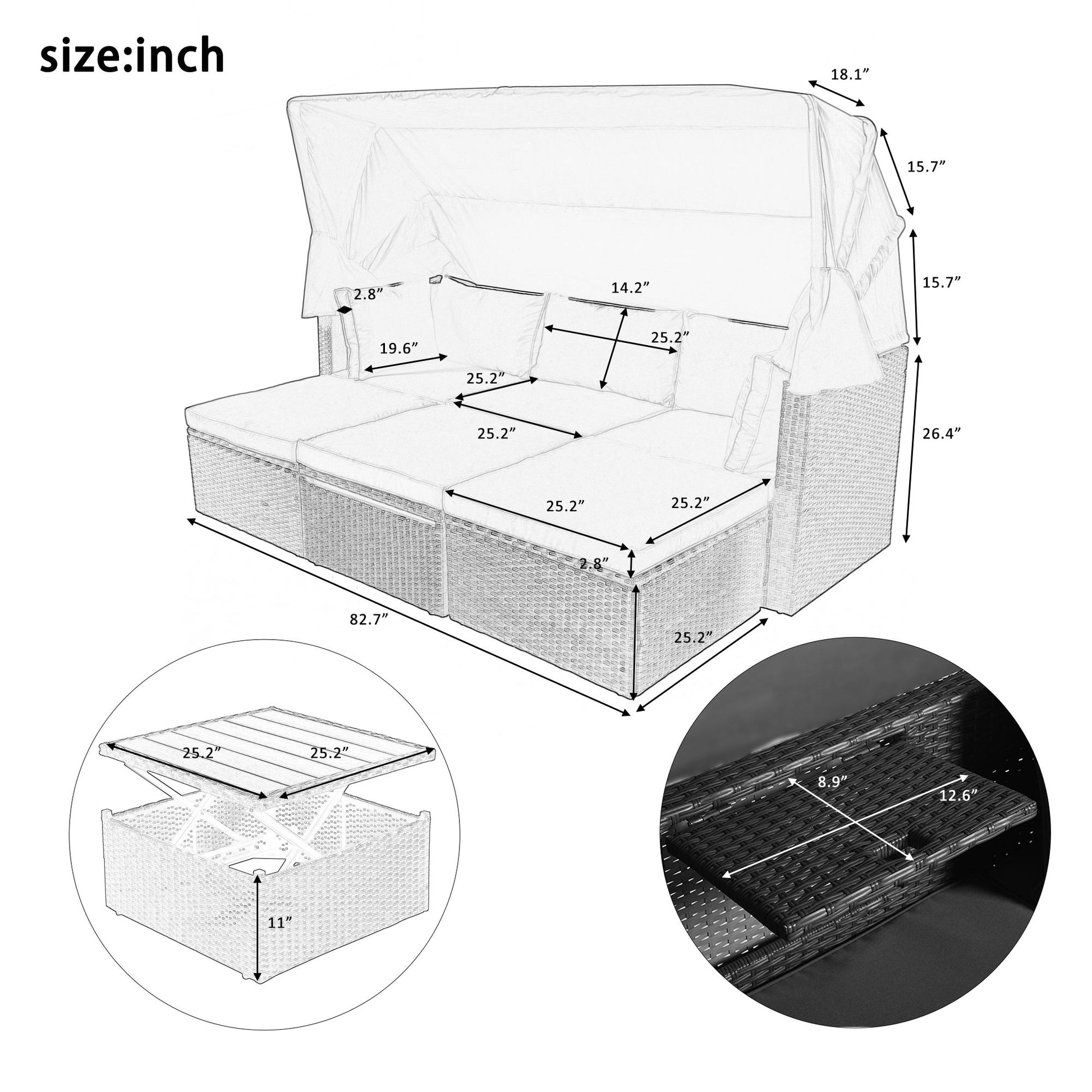 Outdoor Patio Rectangle Daybed with Retractable Canopy, Wicker Furniture Sectional Seating with Washable Cushions, Backyard, Porch - Discount Msrp 