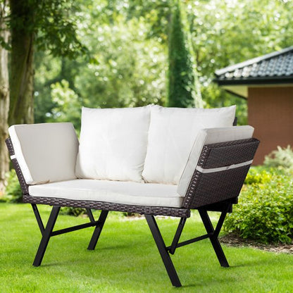 Outdoor Sofa, Woven Rattan Patio Furniture, Convertible Daybed or Double Chair with Adjustable Armrests, Cushions and Pillows for Yard Porch Pool, Gray Lounger & Beige Cushion - Discount Msrp 