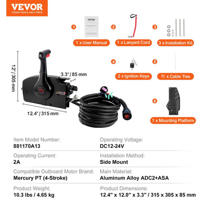 VEVOR Boat Throttle Control, 881170A13 Side-Mounted Outboard Remote Control Box for Mercury PT 4-Stroke, Marine Throttle Control Box with Power Trim Switch, 16.6 ft Harness 14 Pin, and Lanyard - Discount Msrp 