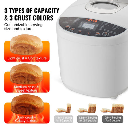 VEVOR Bread Maker, 19-in-1 2LB Dough Machine, Nonstick Ceramic Pan Automatic Breadmaker with Gluten Free Setting, Whole Wheat Bread Making, Digital, Programmable, 3 Loaf Sizes, 3 Crust Colors, White - Discount Msrp 
