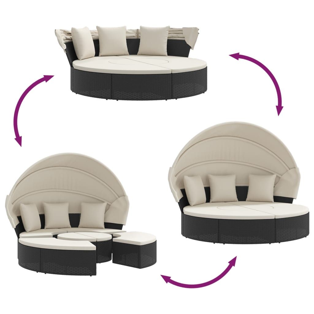 Patio Lounge Bed with Canopy and Cushions Black Poly Rattan - Discount Msrp 