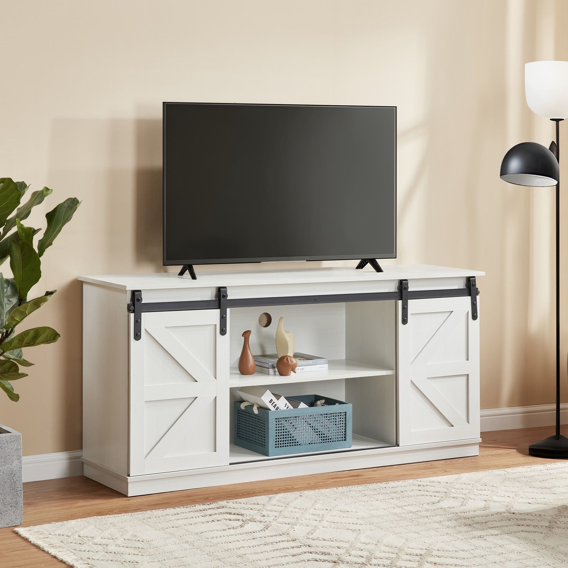 58" Farmhouse TV Stand and Entertainment Center for Televisions up to 65 Inchs,with Sliding Barn Doors and Storage Cabinets,White - Discount Msrp 