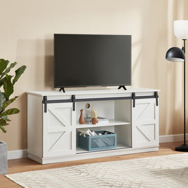 58" Farmhouse TV Stand and Entertainment Center for Televisions up to 65 Inchs,with Sliding Barn Doors and Storage Cabinets,White - Discount Msrp 