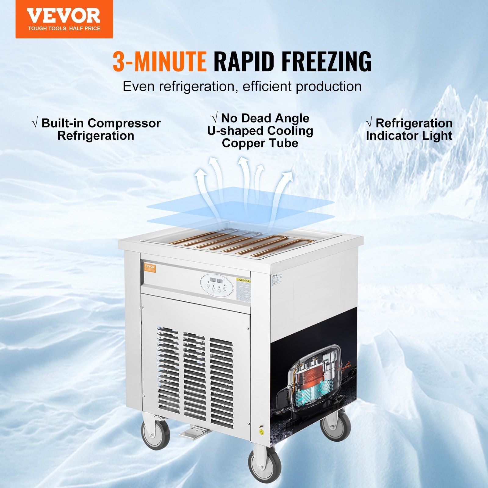 VEVOR Fried Ice Cream Roll Machine, 19.7" x 19.7" Square Stir-Fried Ice Cream Pan, Stainless Steel Commercial Rolled Ice Cream Maker with Compressor and 2 Scrapers, for Making Ice Cream, Frozen Yogurt - Discount Msrp 