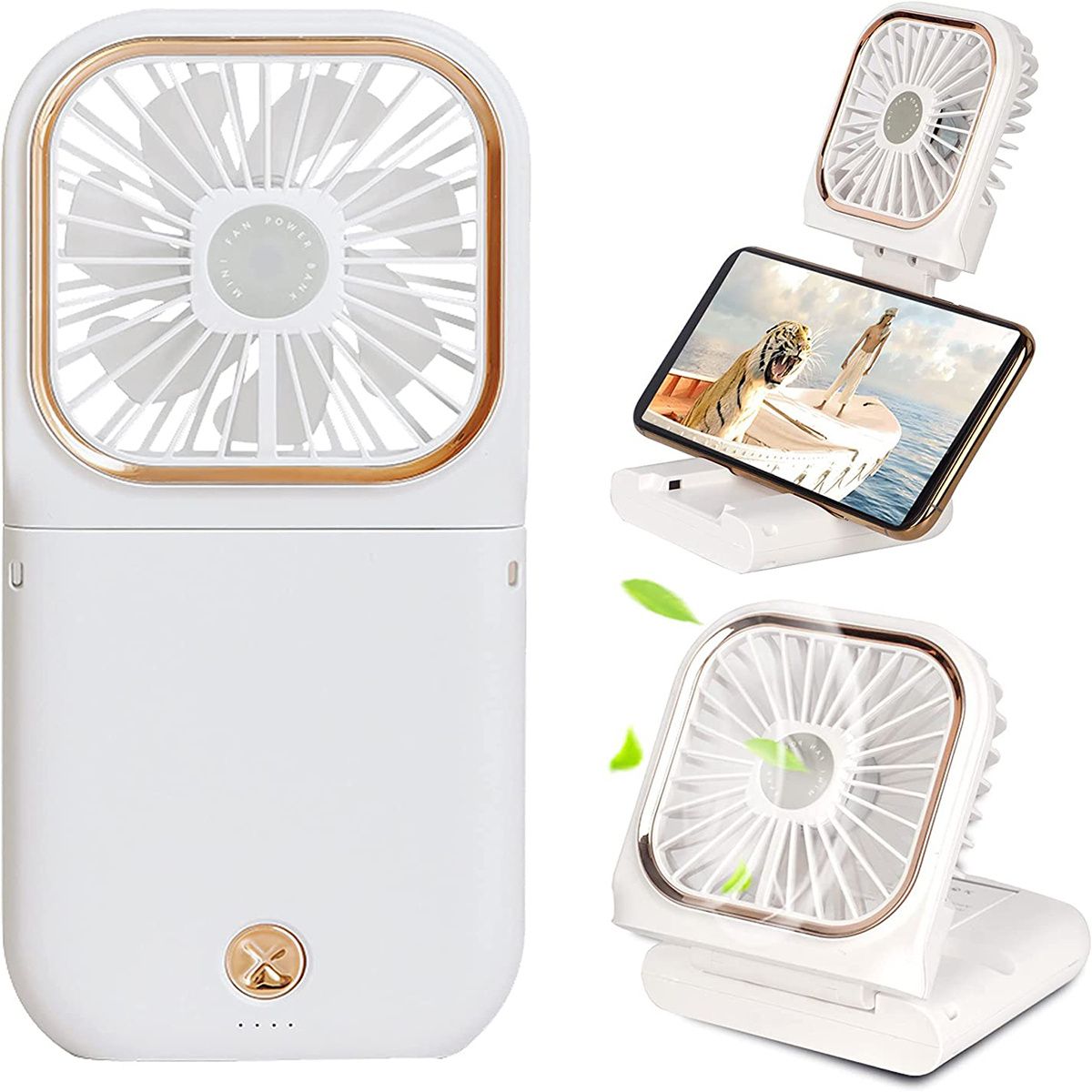 Handheld Portable Fan; Rechargeable Power Bank USB Mini Fan; Small Personal Fan With 3 Speeds; 3000 MAh Battery Operated Foldable Desk Fan; Neck Fan With Lanyard - Discount Msrp 