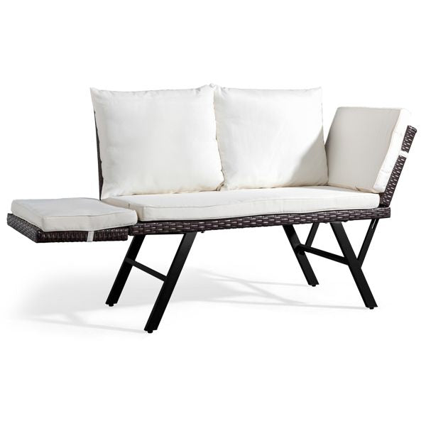 Outdoor Sofa, Woven Rattan Patio Furniture, Convertible Daybed or Double Chair with Adjustable Armrests, Cushions and Pillows for Yard Porch Pool, Gray Lounger & Beige Cushion - Discount Msrp 