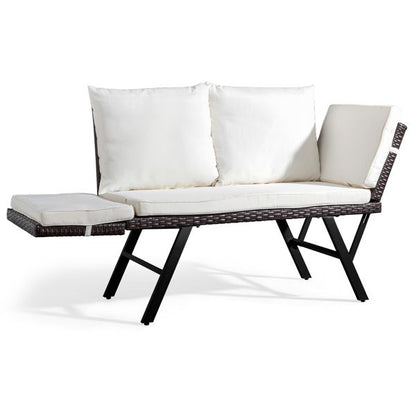 Outdoor Sofa, Woven Rattan Patio Furniture, Convertible Daybed or Double Chair with Adjustable Armrests, Cushions and Pillows for Yard Porch Pool, Gray Lounger & Beige Cushion - Discount Msrp 