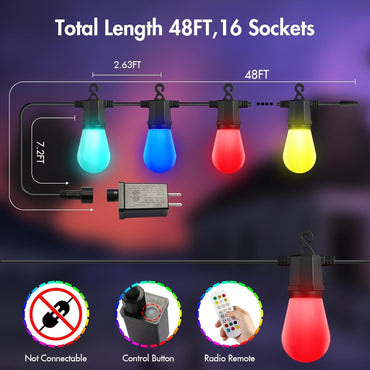 48FTColor Changing Outdoor String Lights , Dimmable String Lights for Outside Waterproof with 16 Shatterproof LED Bulbs, Remote Control Patio Lights for Christmas Halloween Decoration Party Backyard - Discount Msrp 