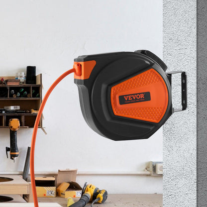 VEVOR Retractable Air Hose Reel, 3/8 IN x 50 FT Hybrid Air Hose Max 300PSI, Air Compressor Hose Reel with 5 ft Lead in, Ceiling / Wall Mount Enclosed Air Reel, 180° Swivel Mount - Discount Msrp 