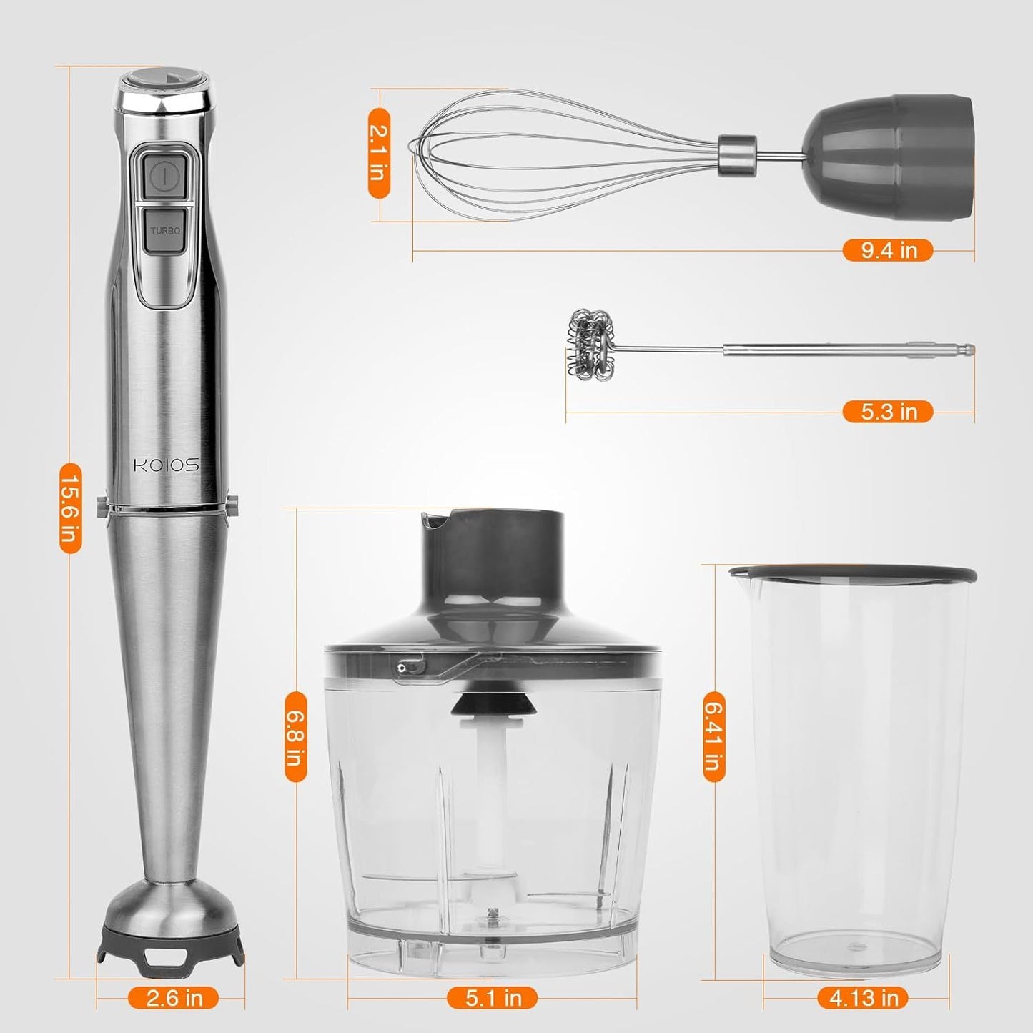KOIOS 1100W Immersion Hand Blender, Stainless Steel Stick Blender with 12-Speed & Turbo Mode, 5-in-1 Handheld Blender with 600ml Mixing Beaker with Lid, 500ml Chopper, Whisk, Milk Frother, BPA-Free - Discount Msrp 