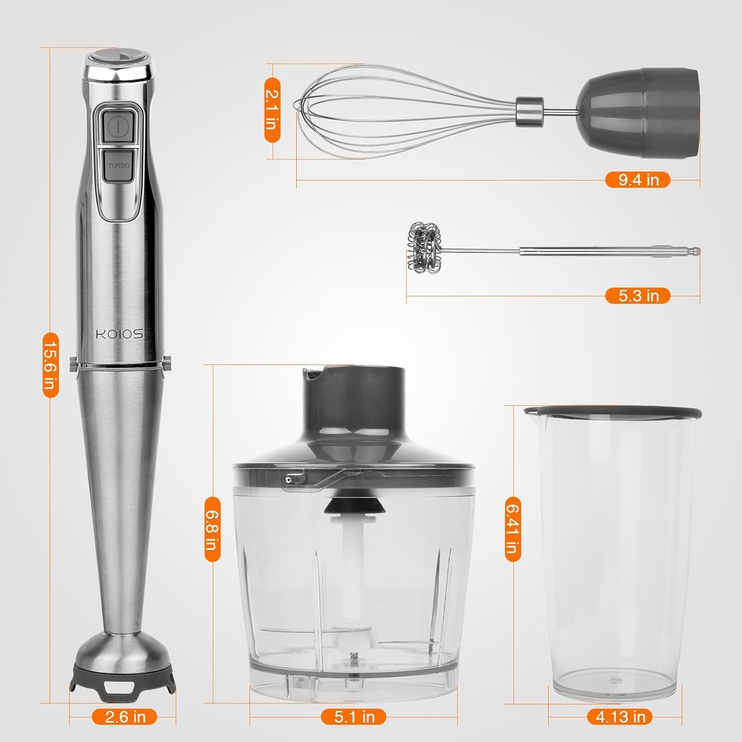 KOIOS 1100W Immersion Hand Blender, Stainless Steel Stick Blender with 12-Speed & Turbo Mode, 5-in-1 Handheld Blender with 600ml Mixing Beaker with Lid, 500ml Chopper, Whisk, Milk Frother, BPA-Free - Discount Msrp 