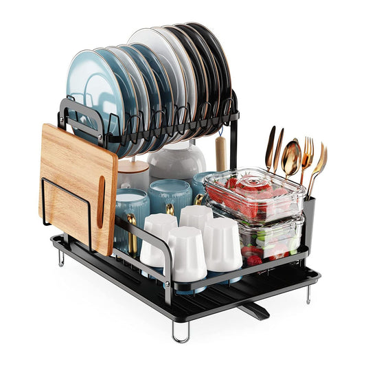 2-Tier Dish Drying Rack for Kitchen Counter Space Saving Rustproof Dish Rack with Drainboard Detachable Kitchen Drainer Organizer Set - Discount Msrp 