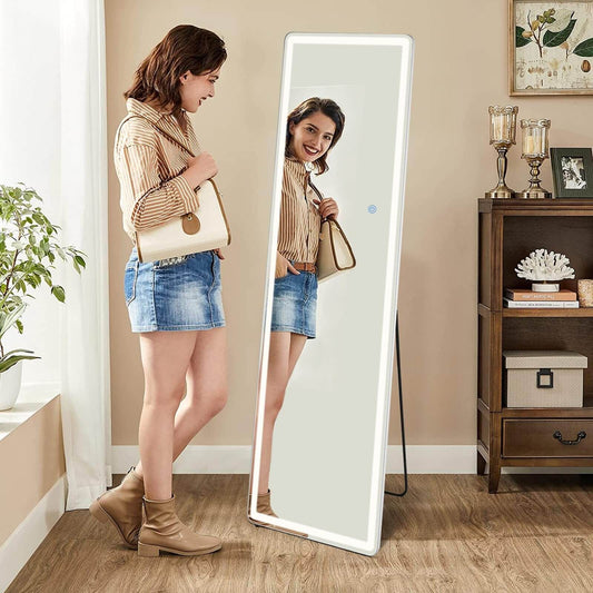 3 Color Lighting Mirror with LED Lights, 64"x21" Lighted Floor Standing Mirror with Stand - Discount Msrp 