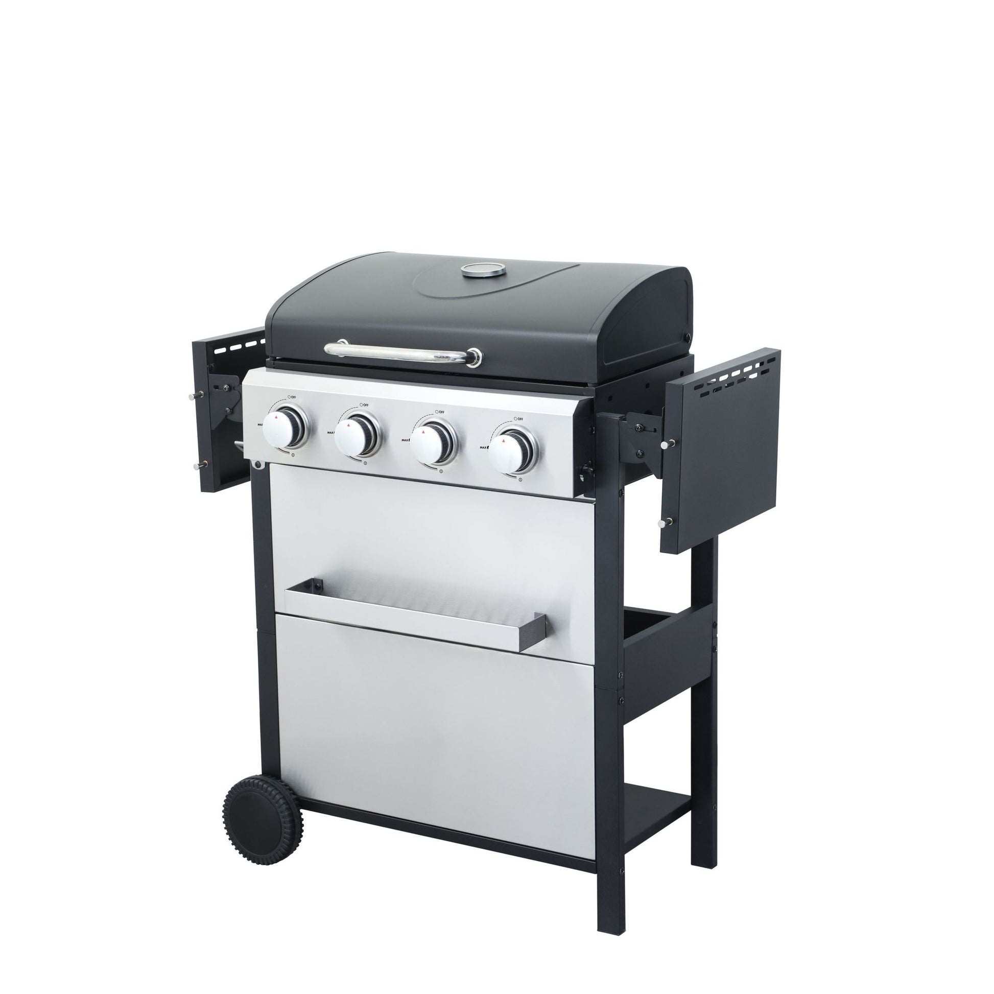4-Burner Propane Gas BBQ Grill, 34200BTU Output With Wire Enamel Cooking Grids For Outdoor Barbecue, Foldable Side Table, Hanging Basket, Stainless Steel - Discount Msrp 