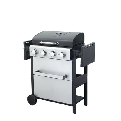4-Burner Propane Gas BBQ Grill, 34200BTU Output With Wire Enamel Cooking Grids For Outdoor Barbecue, Foldable Side Table, Hanging Basket, Stainless Steel - Discount Msrp 