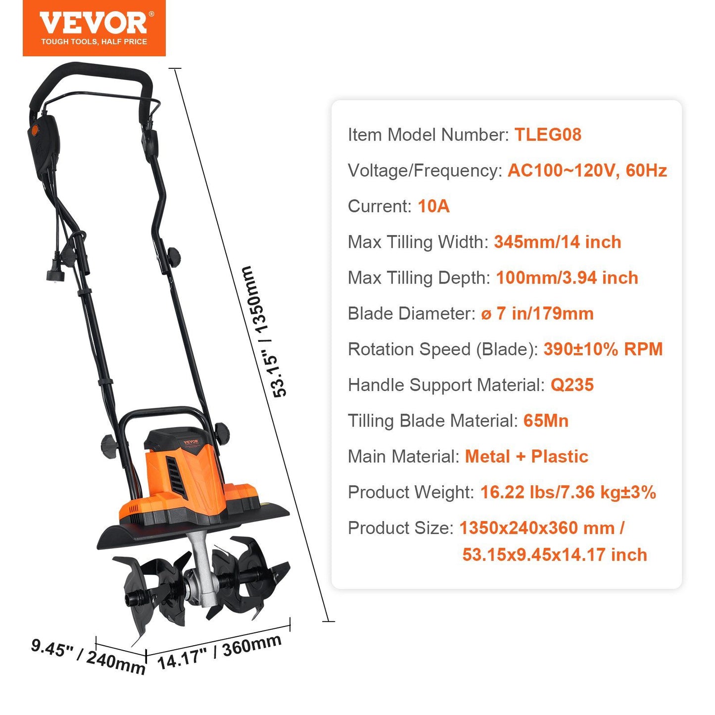 VEVOR 10 Amp Electric Tiller, 14" Tilling Width 3.94" Tilling Depth Corded Electric Tiller/Cultivator, Steel Mn Tines, Rototiller for Garden Lawn Soil Digging - Discount Msrp 