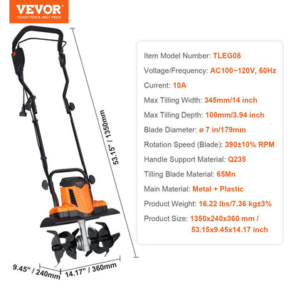 VEVOR 10 Amp Electric Tiller, 14" Tilling Width 3.94" Tilling Depth Corded Electric Tiller/Cultivator, Steel Mn Tines, Rototiller for Garden Lawn Soil Digging - Discount Msrp 