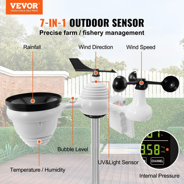 VEVOR 7-in-1 Wi-Fi Weather Station, 7.5 in Color Display, Home Weather Station Indoor Outdoor, with Solar Wireless Outdoor Sensor Alarm Alerts, for Temperature Humidity Wind Speed/Direction Rain - Discount Msrp 