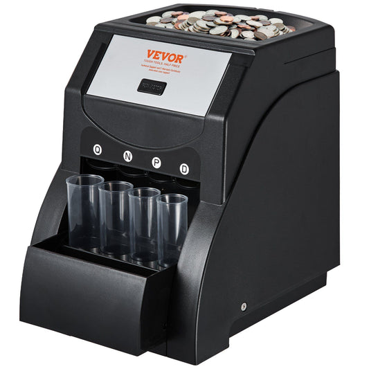 VEVOR USD Coin Sorter, Coin Sorter Machine for USD Coin 1¢ 5¢ 10¢ 25¢, Sorts up to 230 Coins/min, Coin Sorter and Wrapper Machine Holds 200 Coins Included 4 Coin Tubes, Black - Discount Msrp 