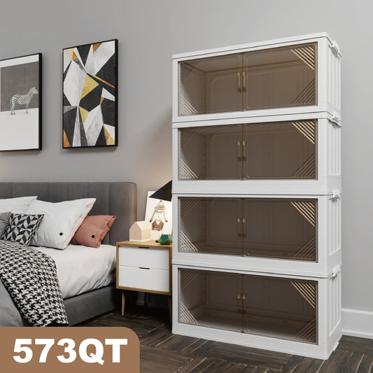573QT 4-Pack 35.4'' Wide Transparent Plastic Storage Cabinets for Closet Organizers and Storage, Folding Storage Box, Stackable Storage Bins with Open Front Door - Discount Msrp 