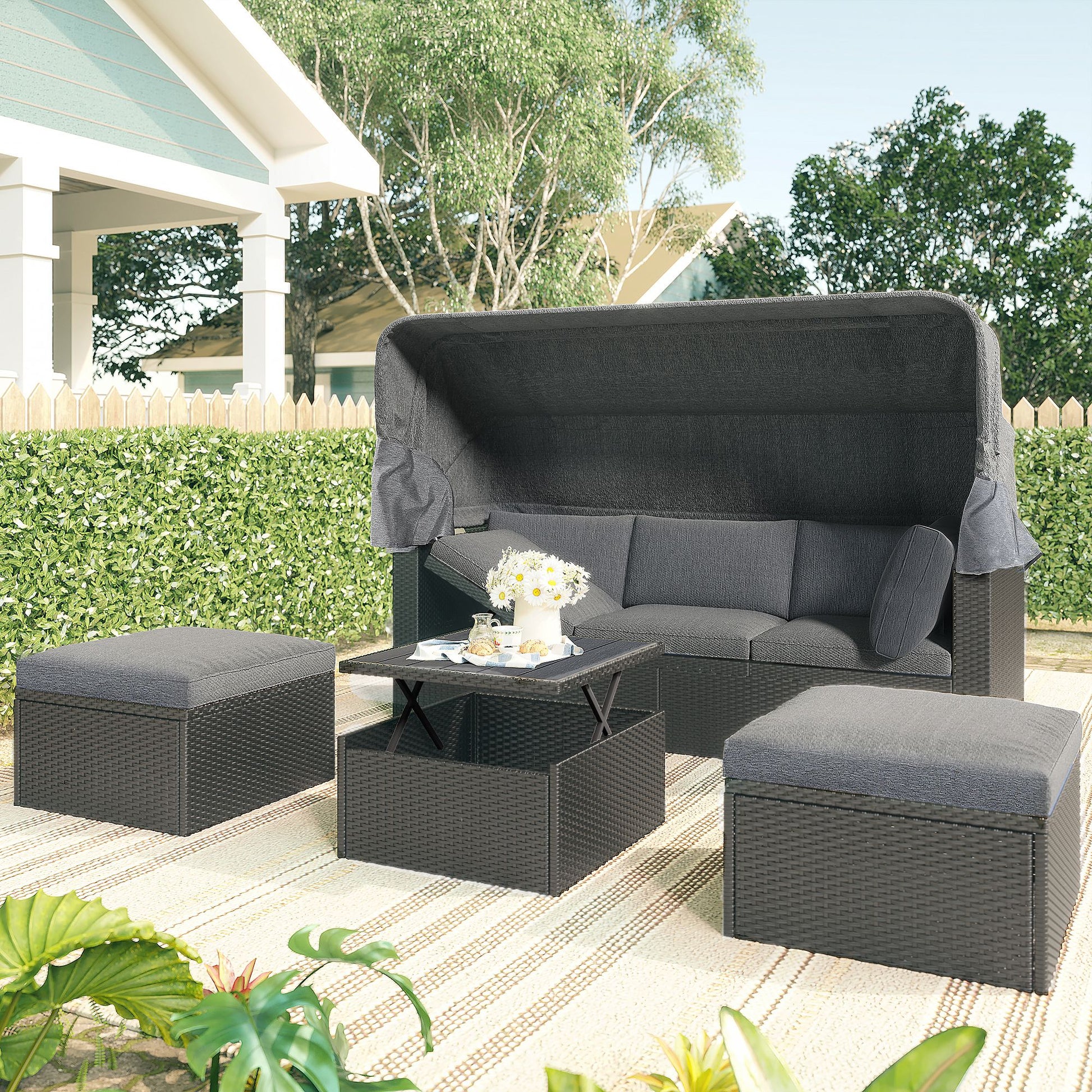 Outdoor Patio Rectangle Daybed with Retractable Canopy, Wicker Furniture Sectional Seating with Washable Cushions, Backyard, Porch - Discount Msrp 
