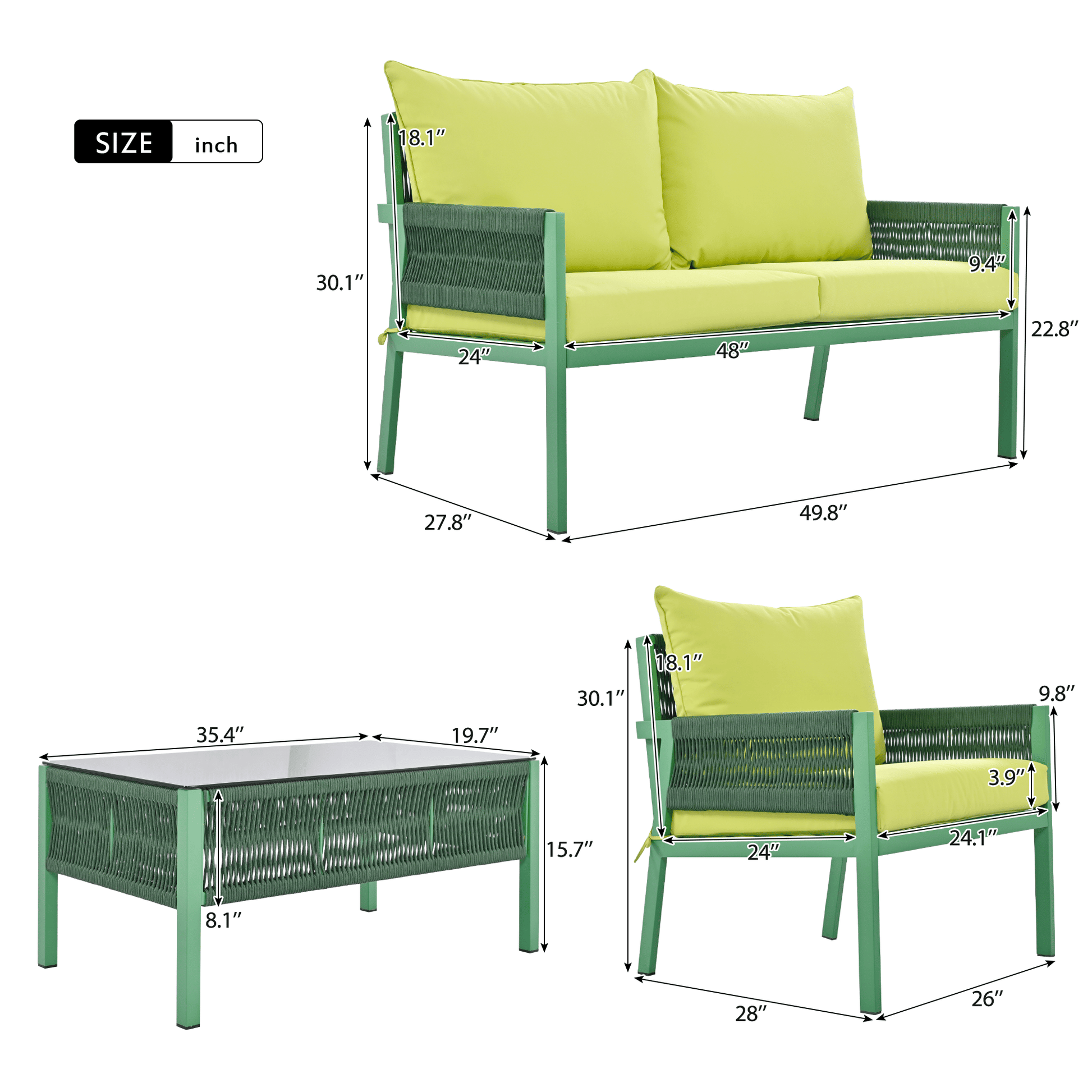 4-Piece Rope Patio Furniture Set, Outdoor Furniture with Tempered Glass Table, Patio Conversation Set Deep Seating with Thick Cushion for Backyard Porch Balcony - Discount Msrp 