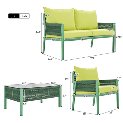4-Piece Rope Patio Furniture Set, Outdoor Furniture with Tempered Glass Table, Patio Conversation Set Deep Seating with Thick Cushion for Backyard Porch Balcony - Discount Msrp 