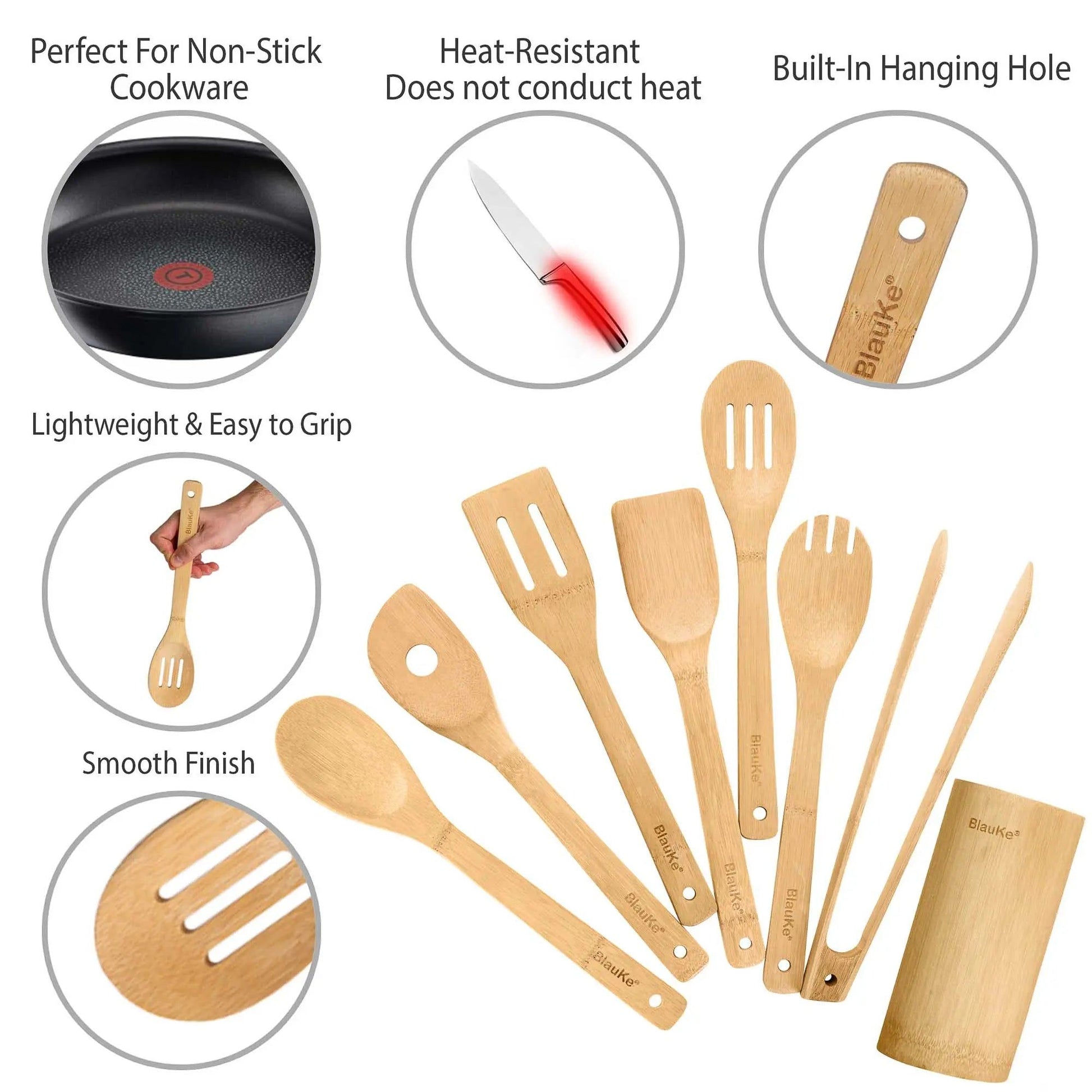 Bamboo Kitchen Utensils Set 8-Pack - Wooden Cooking Utensils - Discount Msrp 