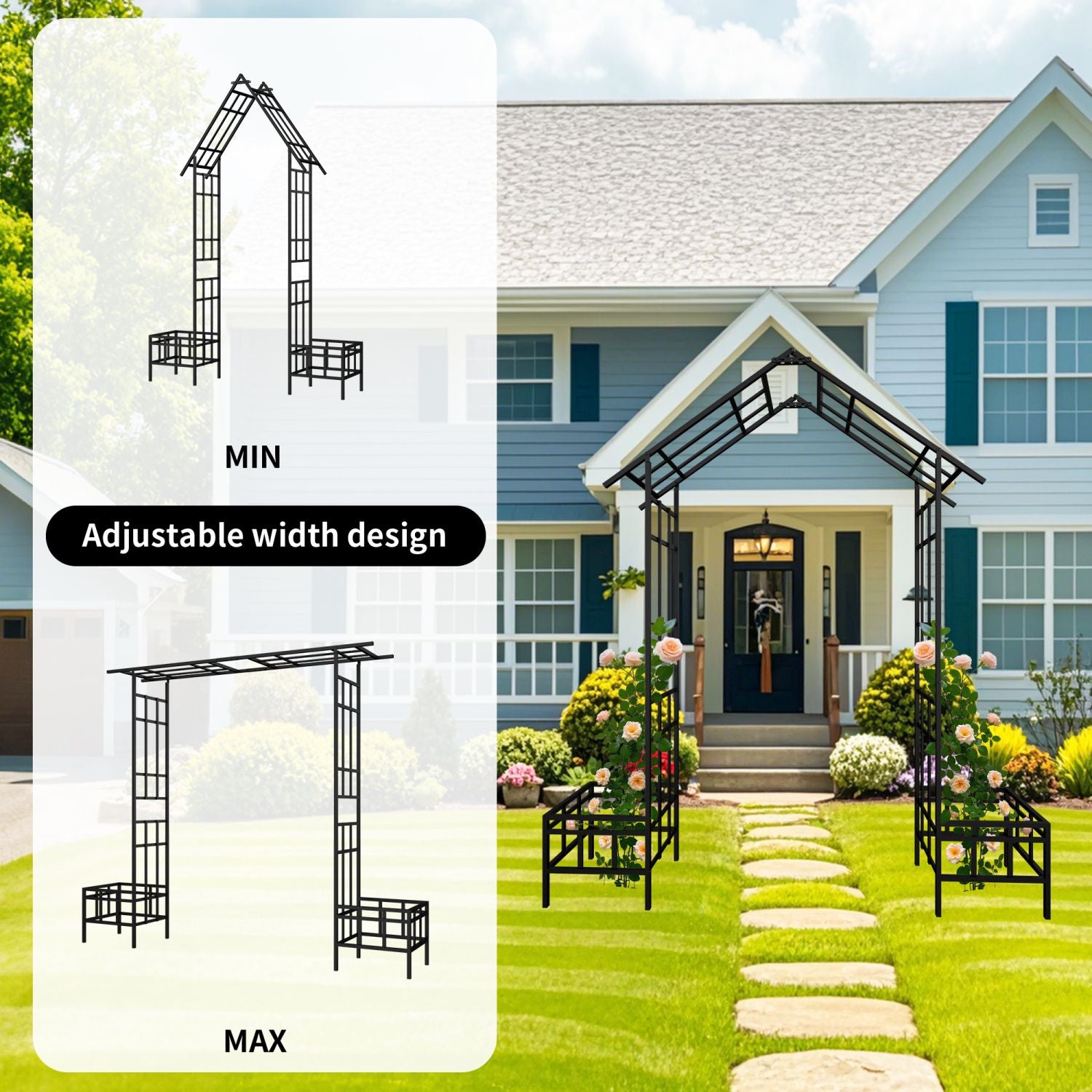 Metal Garden Arch with Adjustable Width W68.11''~W94.29'' Climbing Plants Support Rose Arch Outdoor Black - Discount Msrp 