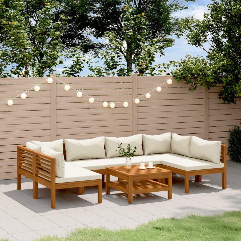 7 Piece Patio Lounge Set with Cream Cushion Solid Acacia Wood - Discount Msrp 