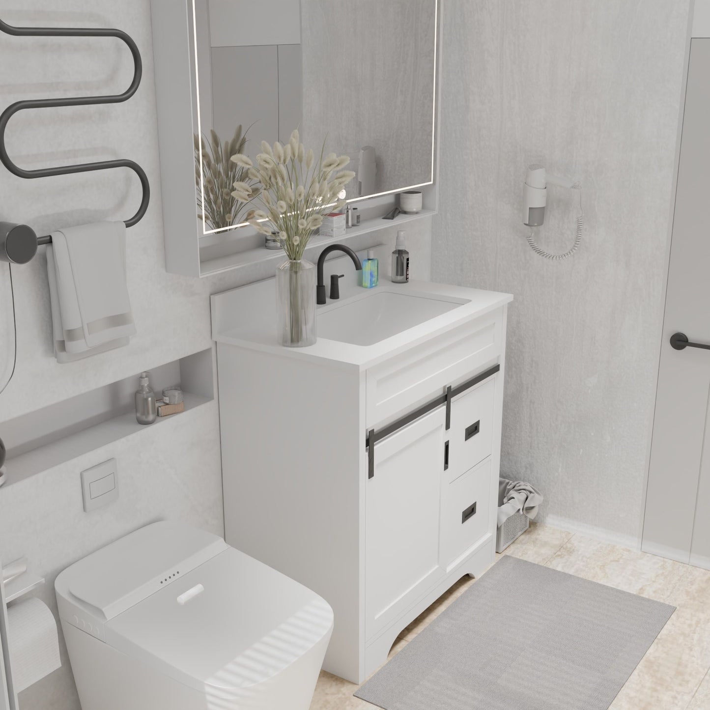 [VIDEO provided]30" Bathroom Vanity with Single Sink Combo, Farmhouse Undermount Bathroom Sink Cabinet with Sliding Barn Doors and 2 Drawers, Freestanding Bathroom Vanities,White - Discount Msrp 