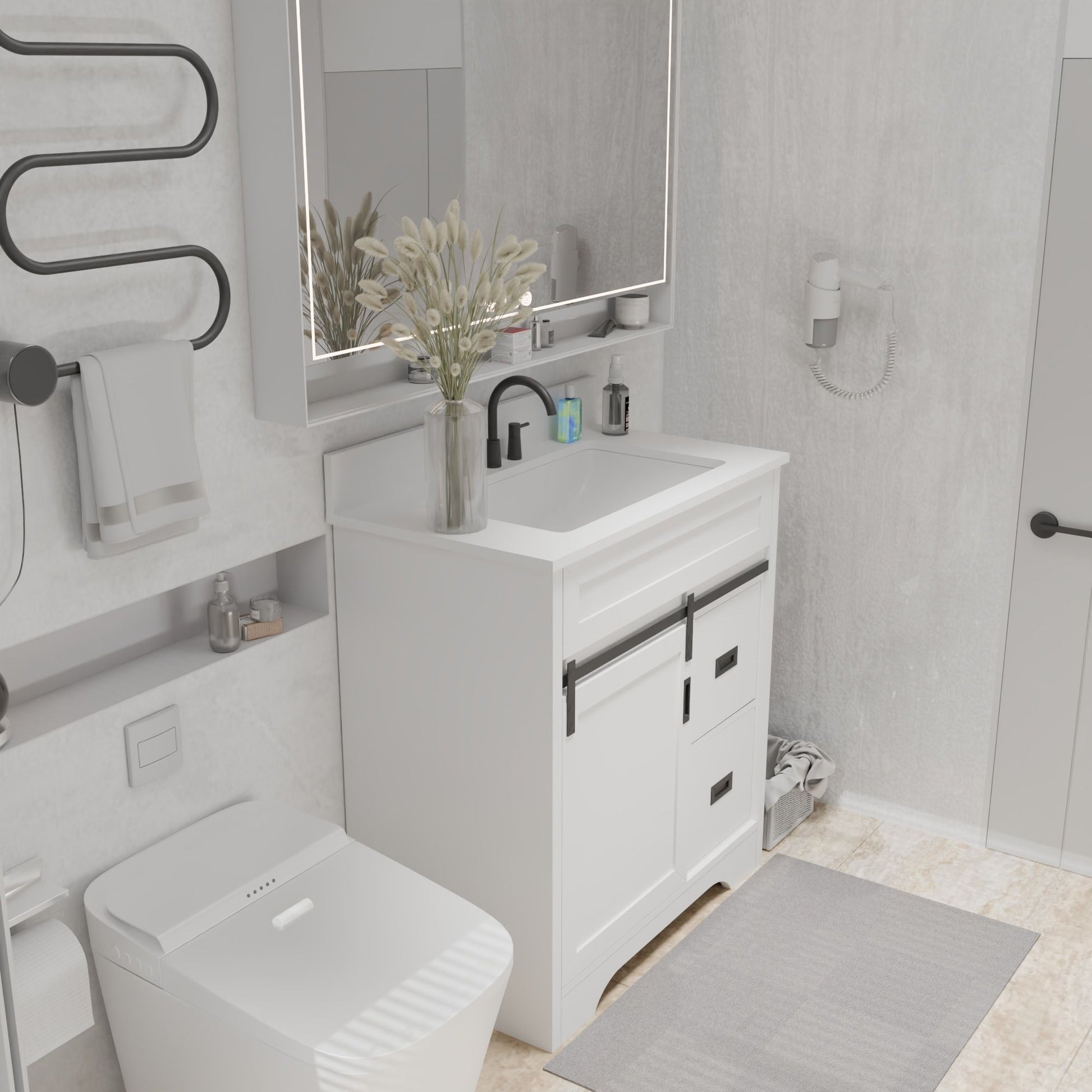 [VIDEO provided]30" Bathroom Vanity with Single Sink Combo, Farmhouse Undermount Bathroom Sink Cabinet with Sliding Barn Doors and 2 Drawers, Freestanding Bathroom Vanities,White - Discount Msrp 