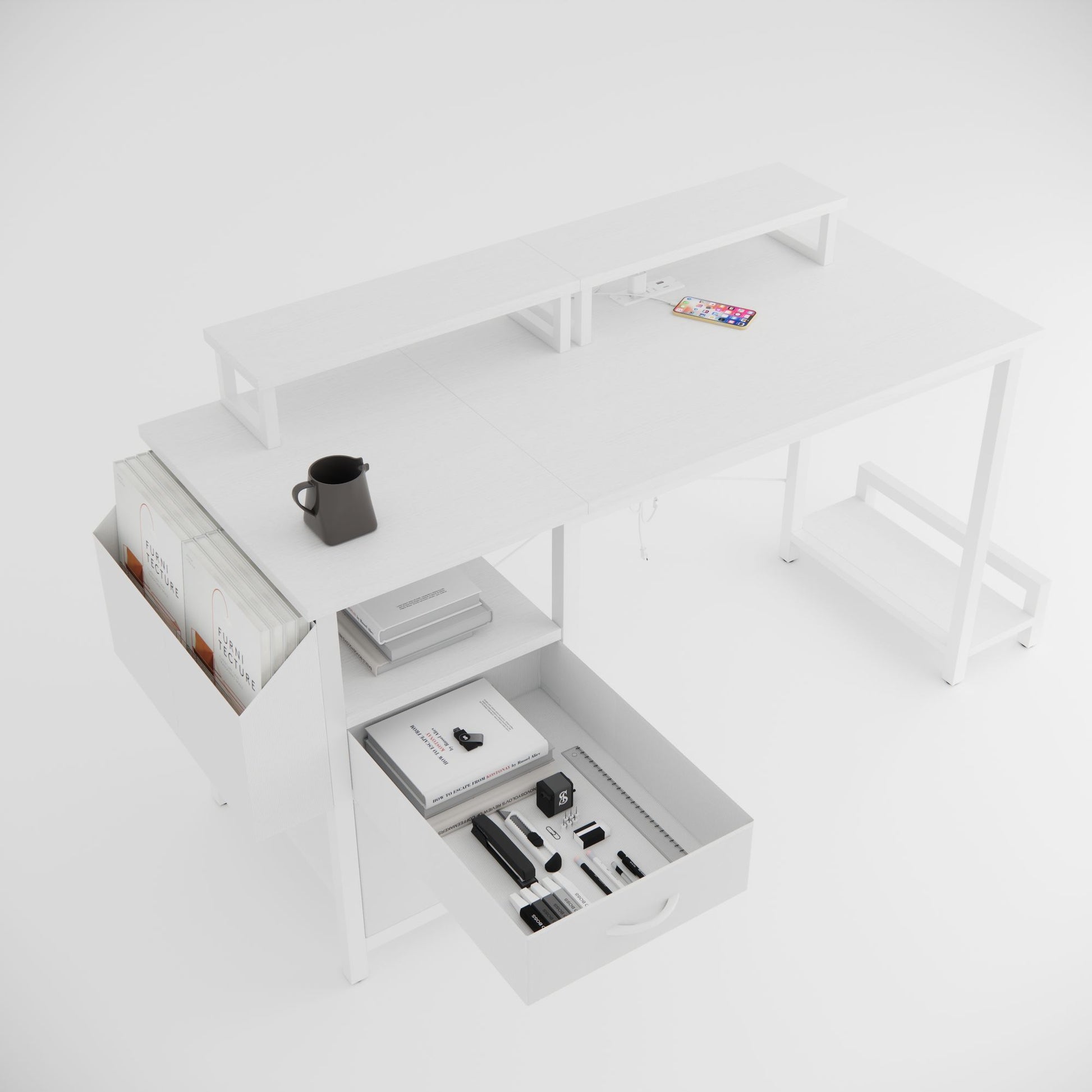 47"office desk with power outlet,2 Monitor Stands,2 drawers,Side Pocket,Easy to Assemble,Frame stability Reversible,use for home desk, computer desk, game table,White - Discount Msrp 
