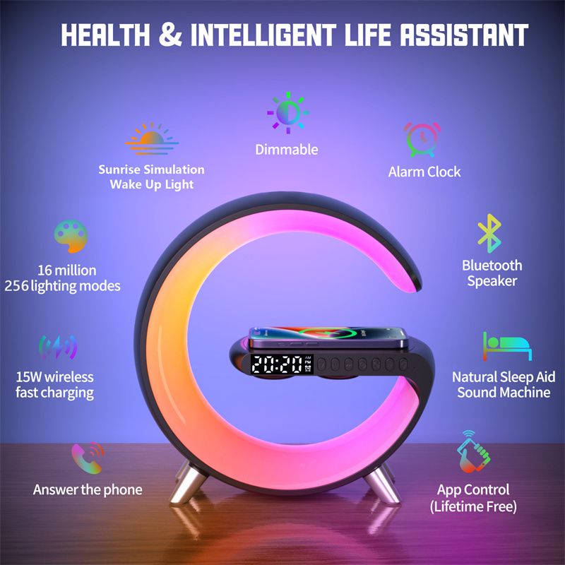 Intelligent atmosphere lamp Bluetooth speaker wireless charger bedside atmosphere lamp sunrise wake-up lamp polar lamp alarm clock - Discount Msrp 